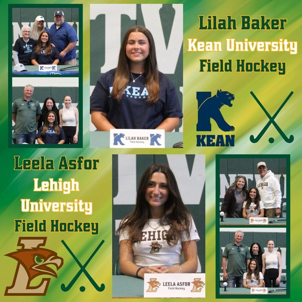 Two female field hockey players, Lilah Baker and Leela Asfor, are celebrated. Lilah, in a Kean shirt, is joined by family; Leela, in a Lehigh shirt, is also with family. Text and logos highlight their universities and sport.