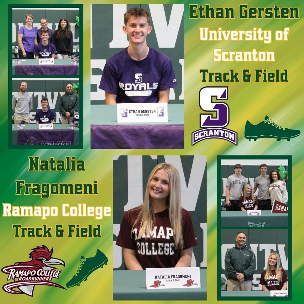 Two students sitting at tables sign with colleges for track and field. Ethan Gersten commits to University of Scranton, Natalia Fragomeni to Ramapo College.