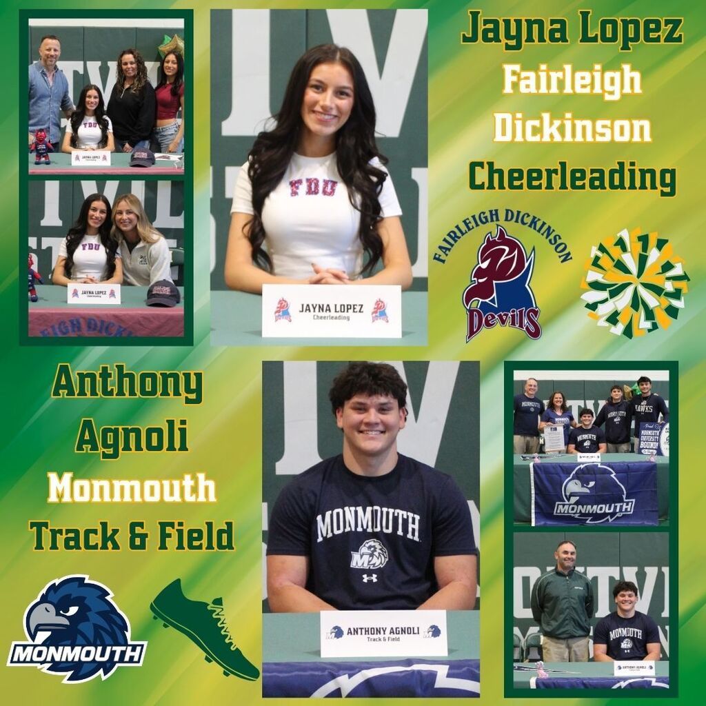 College signing day collage with Jayna Lopez for Fairleigh Dickinson cheerleading and Anthony Agnoli for Monmouth track, both smiling.