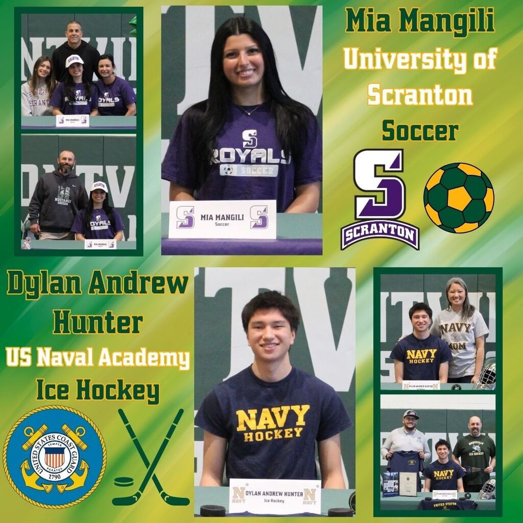 A collage features Mia Mangili, smiling in a purple "Royals Soccer" shirt, committing to the University of Scranton. Dylan Andrew Hunter in a "Navy Hockey" shirt commits to the US Naval Academy. Emotions of pride and achievement are evident.