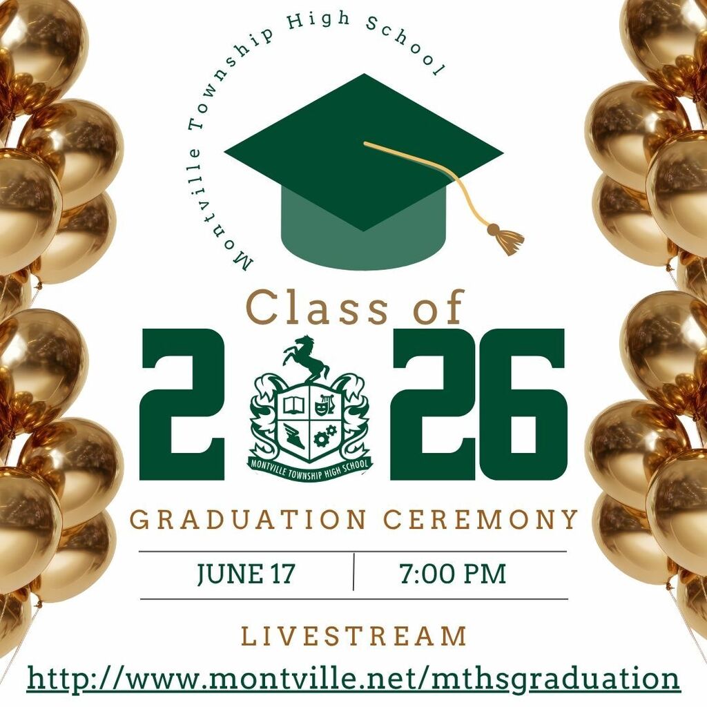 Green graduation cap, gold balloons, and school crest on a white background. Text reads “Class of 2026 Graduation Ceremony, June 17, 7:00 PM, Livestream.”
