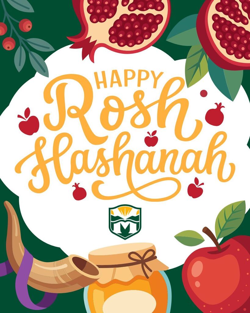 Rosh Hashanah greeting graphic featuring the words “Happy Rosh Hashanah” surrounded by traditional symbols of the Jewish New Year, including apples, honey, pomegranates, and a shofar. The Montville Township Public Schools logo appears in the center against a green, white, red, and gold design.