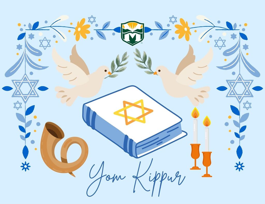 Yom Kippur greeting graphic on a light blue background featuring two doves carrying olive branches, a prayer book with a Star of David, a shofar, and two lit candles. Blue floral accents and Stars of David frame the design, with the Montville Township Public Schools logo at the top and “Yom Kippur” written below.
