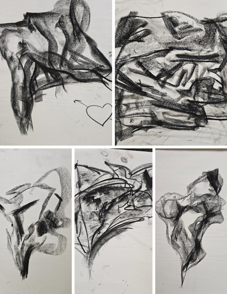 Series of five charcoal gesture drawings of crumbled paper shapes