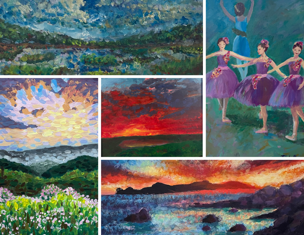 Collection of five art pieces created by students in Visual Arts 1 class. Four landscapes, one picture of four ballerinas in purple leotards and tutus.