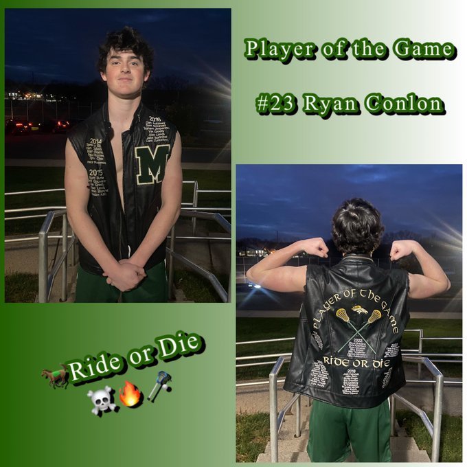 #MustangPride! On 4/1 the #StangsLax (#MTHS Mustangs Boys Lacrosse) Player of the Game was #23 Soph Ryan Conlon!🐎 He earned “The Vest” with the 17-3 victory over Lenape Valley.