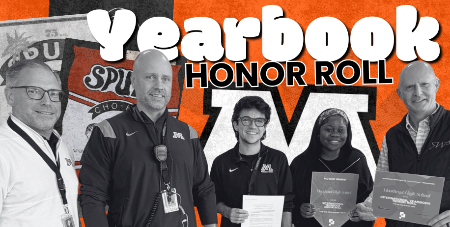 Moorhead High School Year Book earns international honor roll recognition. Photo: (Left to right) Superintendent Dr. Brandon Lunak, Principal Josh Haag, Yearbook Advisor Grayson Griffin, Student Editor Aaliyah McCauley, and Rick Westra from RWP.