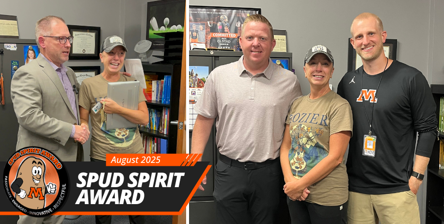 Rachel Lerum receiving the Spud Spirit Award from Dr. Lunak; Rachel posing with Horizon East administrators Spencer Stowers and Cory Holten