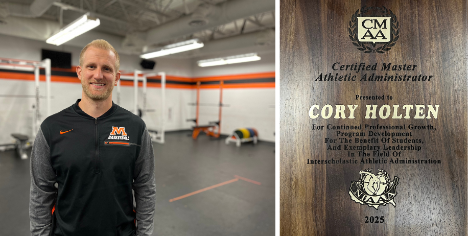 Photo of Cory Holten and a photo of the plaque from Holten's NIAAA Master Athletic Administrator Certificatoin