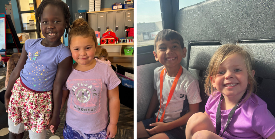 Photos of MAPS kindergarteners in class and on the bus