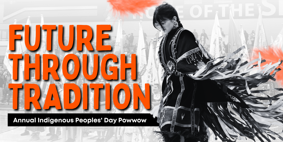 Future Through Tradition: Annual Indigenous Peoples' Day Powwow with girl dancing in ribbon dress and tribal flags held in black and in white background