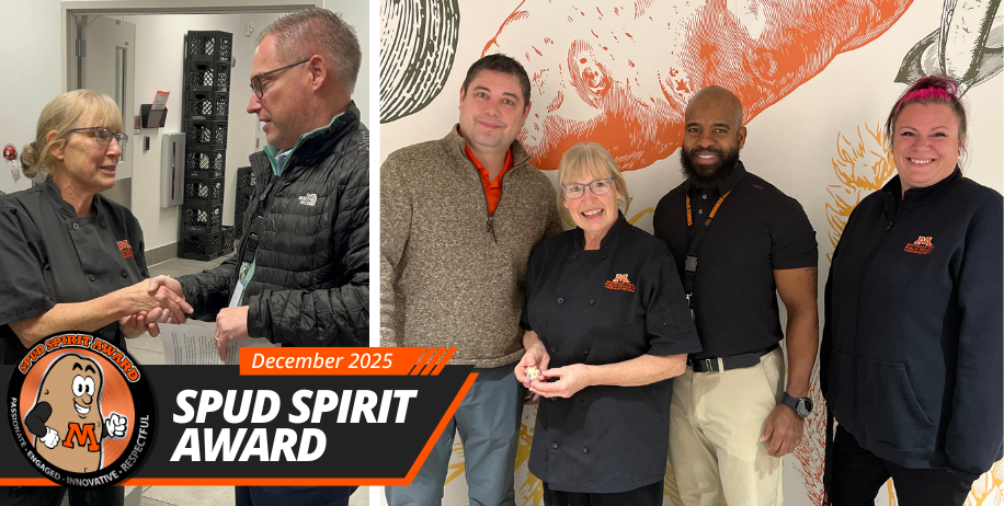 December 2025 Spud Spirit Award - Cindy Noennig accepts the award from Dr Lunak and poses with MHS admins
