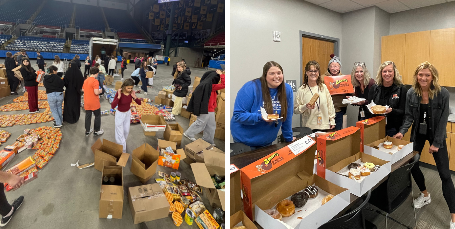 MHS Student Council members at Fill the Dome; Dorothy Dodds staff celebrates their United Way Campaign win