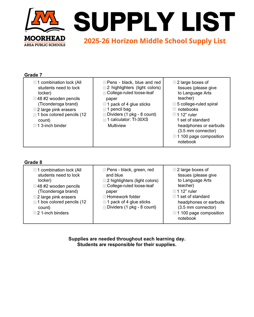 Supply List for HZNE