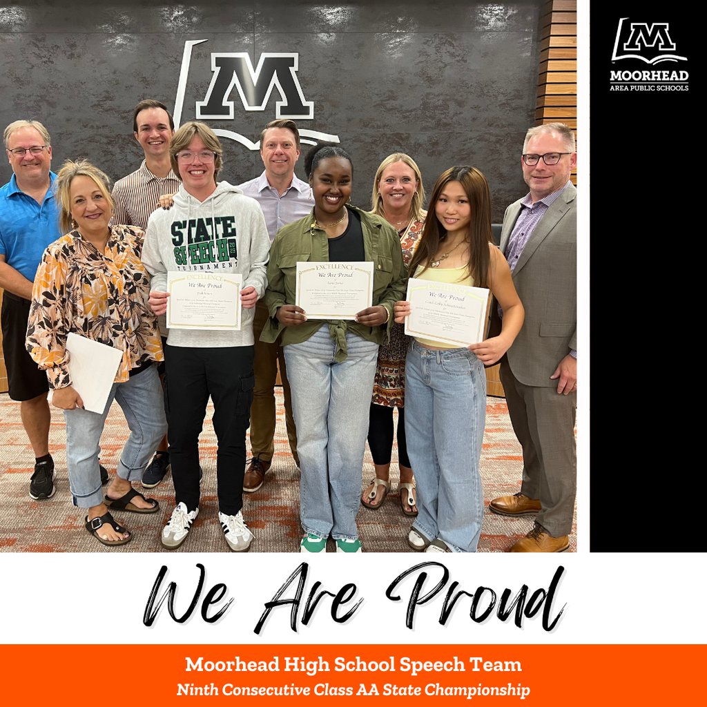 Members of the MHS Spud Speech team accept their We Are Proud awards from the Moorhead School Board