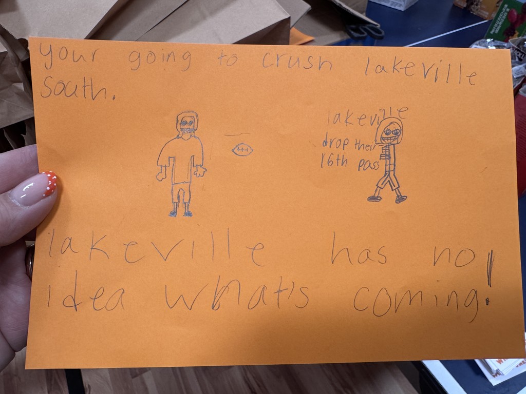 Card that reads "Your going to crush lakeville south. Lakeville has no idea whats coming!