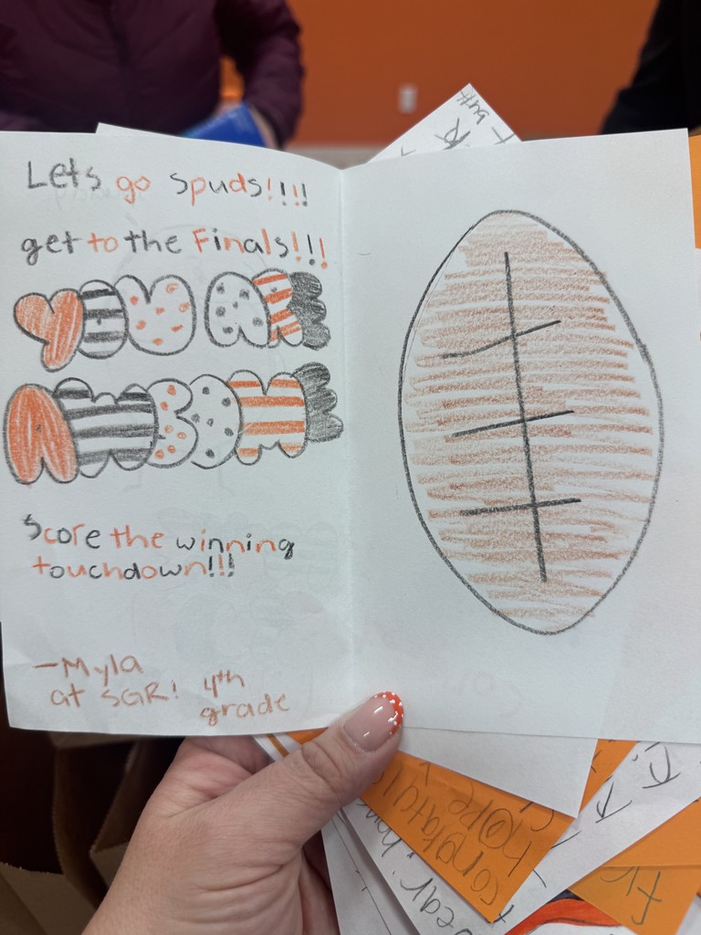 Card that says - Lets go spuds!!! Get to the finals!!! You are Awesome. Score the winning touchodown! - Myla at SGR 4th Grade