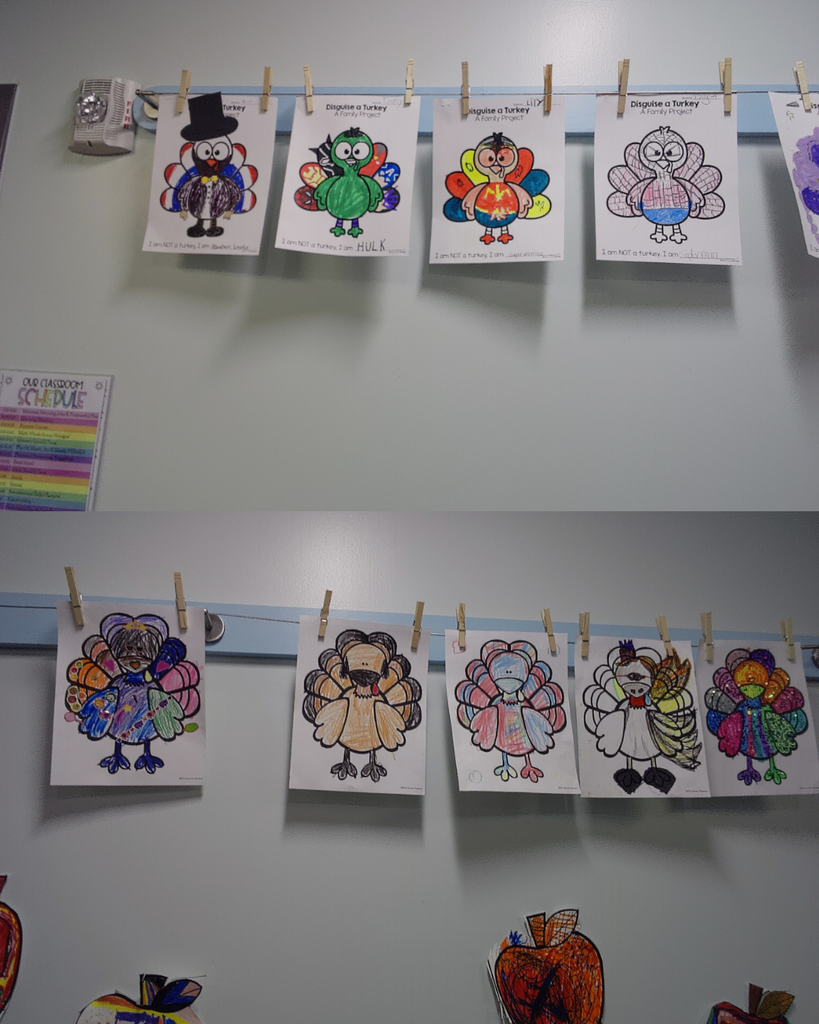 dressed up turkeys by Kindergarten students 