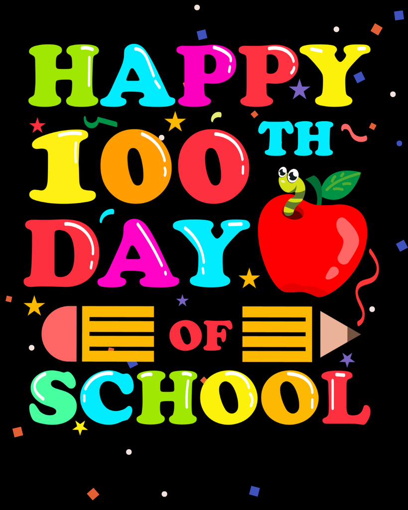 100th day of school with a pencil and a worm coming out of an apple on a black background