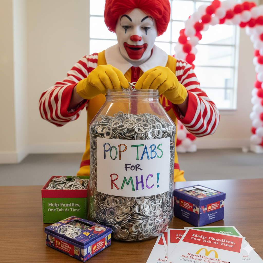 Image of ronald McDonald collecting pop tabs