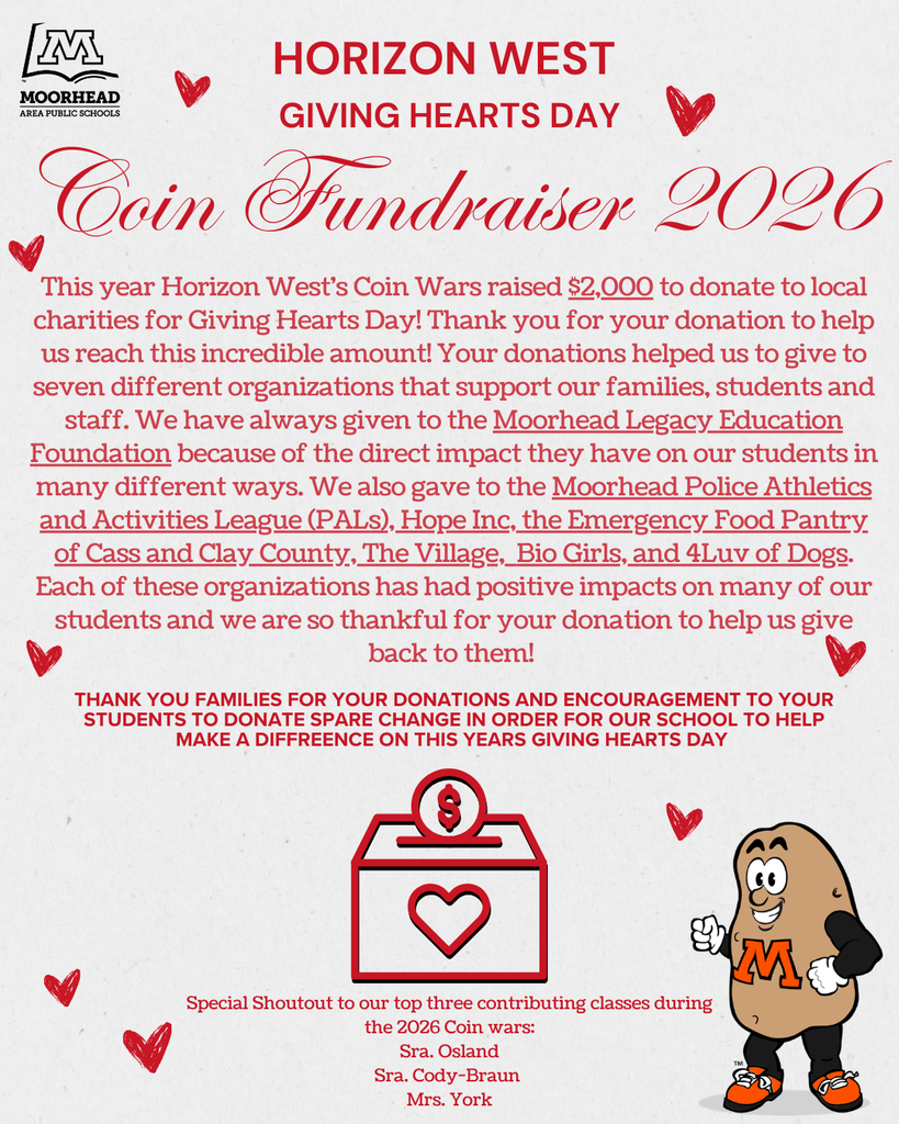 Infomration about this years Coin wars! Sra Osland's class brought in the most, and we were able to donate a $2000 to give out to local charities of the students choosing during giving hearts day