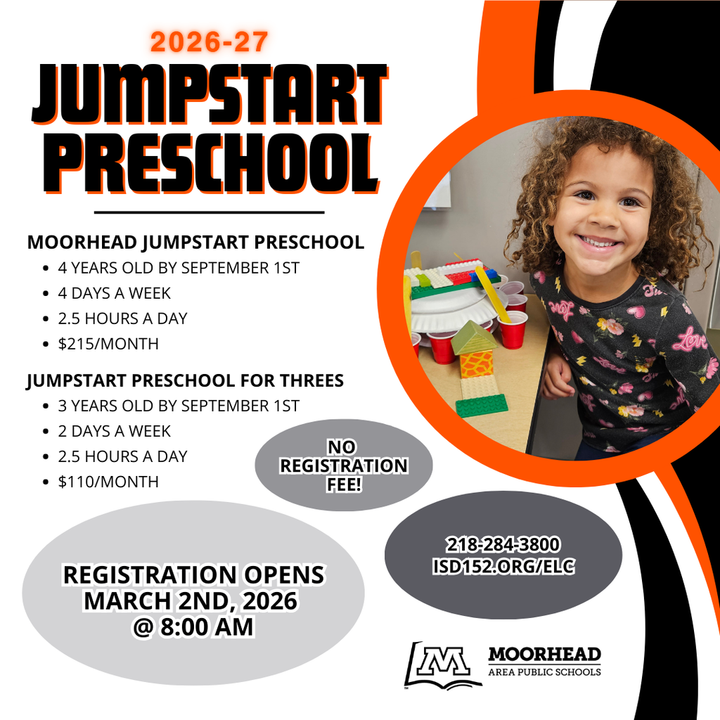 This image is a promotional graphic for Moorhead JumpStart Preschool registration for the 2026-27 school year. Registration opens March 2nd, 2026 at 8:00 AM. 