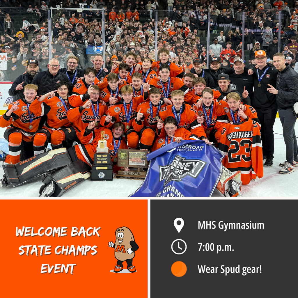 Boys hockey trophy photo - Welcome Back State Champs Event at 7pm in the MHS Gym
