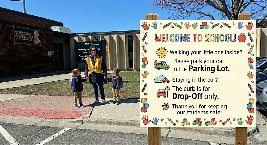 School parking lot rules - walking your child in park in parking lot. Staying in the car pull up to the curb for drop-off only. 