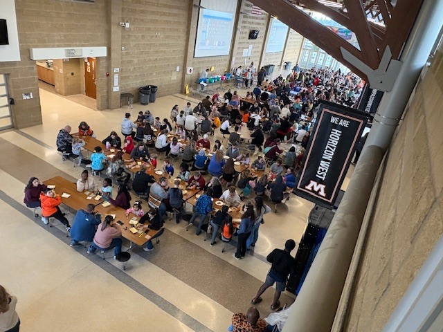 families in the cafeteria for bingo night