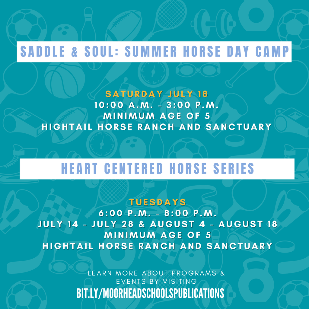 Saddle & Soul: Summer Horse Day Camp Saturday July 18 10:00 A.M. - 3:00 P.M. Minimum age of 5 Hightail HOrse ranch and sanctuary Heart Centered Horse Series Tuesdays 6:00 p.M. - 8:00 P.M. July 14 - July 28 & August 4 - August 18 Minimum age of 5 Hightail HOrse ranch and sanctuary