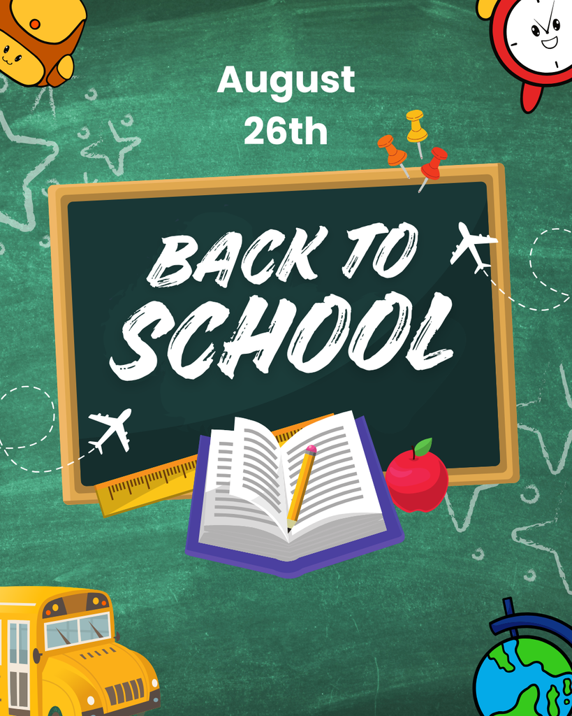 Back to school night 8/26 on black board background with school bus and school supplies