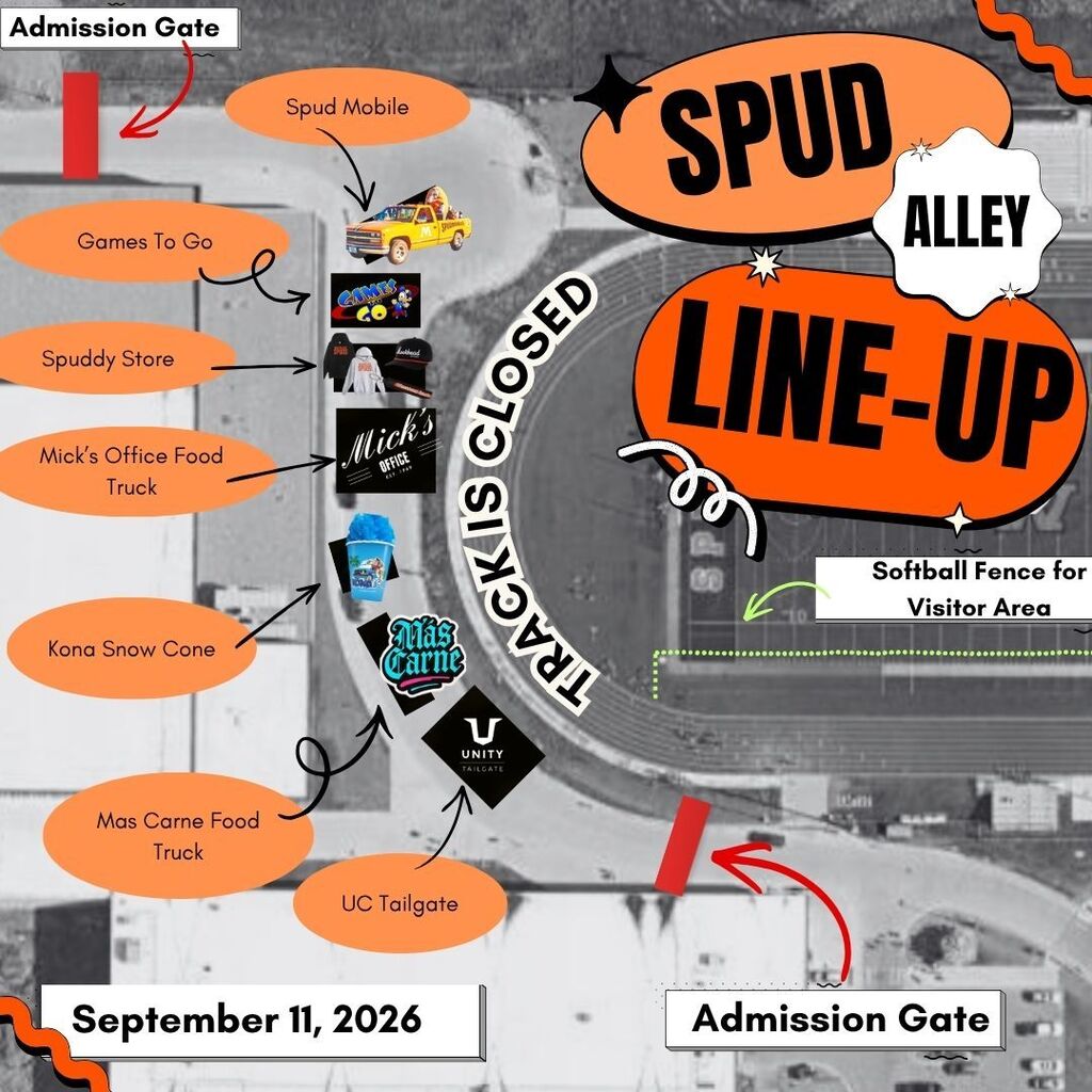 Spud Alley Line-up, Track is Closed, Spud Mobile, Games to Go , Spuddy Store, Micks Office Food Truck, Kona snow cone, Mas Carne Food truck, UC Tailgate, Admission Gate, Softball Fence for Visitor area, September 11, 2026