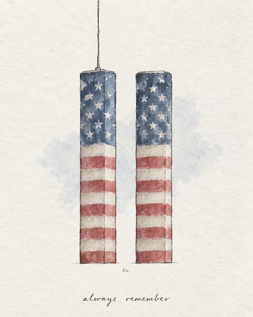 Graphic for 9/11 of a watercolor twin towers but they are the american flag