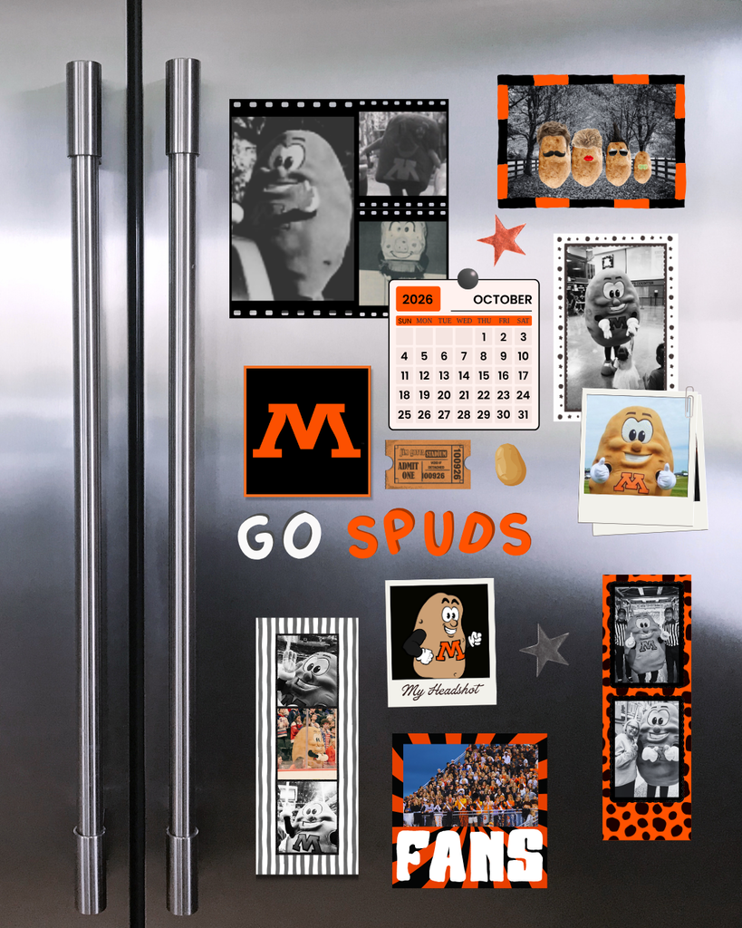 Graphic of a stainless steel refrigerator decorated with magnets and photos of the Moorhead High School mascot, Spuddy T. Spud. Features include an October calendar, vintage film strip photos, potato family portraits, a "My Headshot" polaroid, a ticket stub, and orange letter magnets that spell "GO SPUDS."