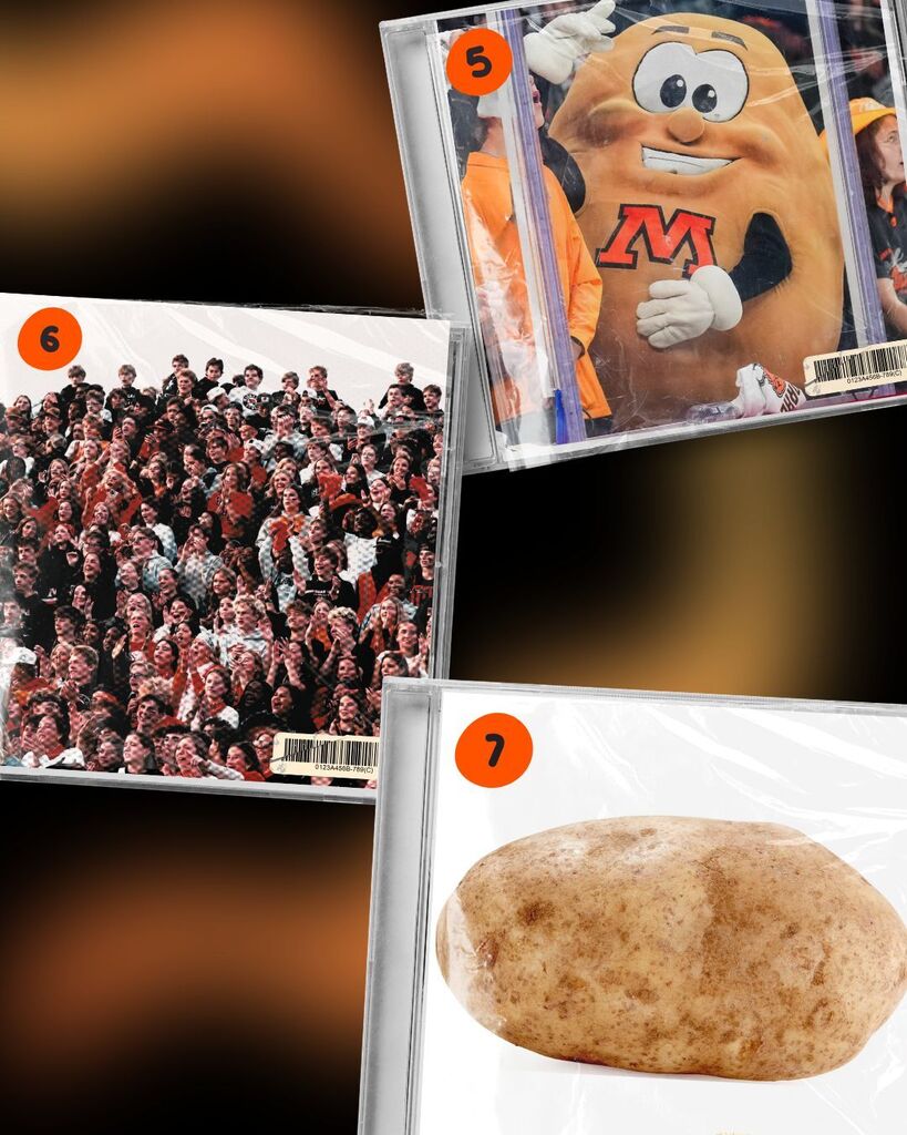 Graphic showing three clear CD cases arranged together, numbered in orange circles: 5: The school potato mascot posing in an orange shirt. 6: A packed crowd of high school students cheering in the stadium bleachers. 7: A single large potato centered inside the CD case.