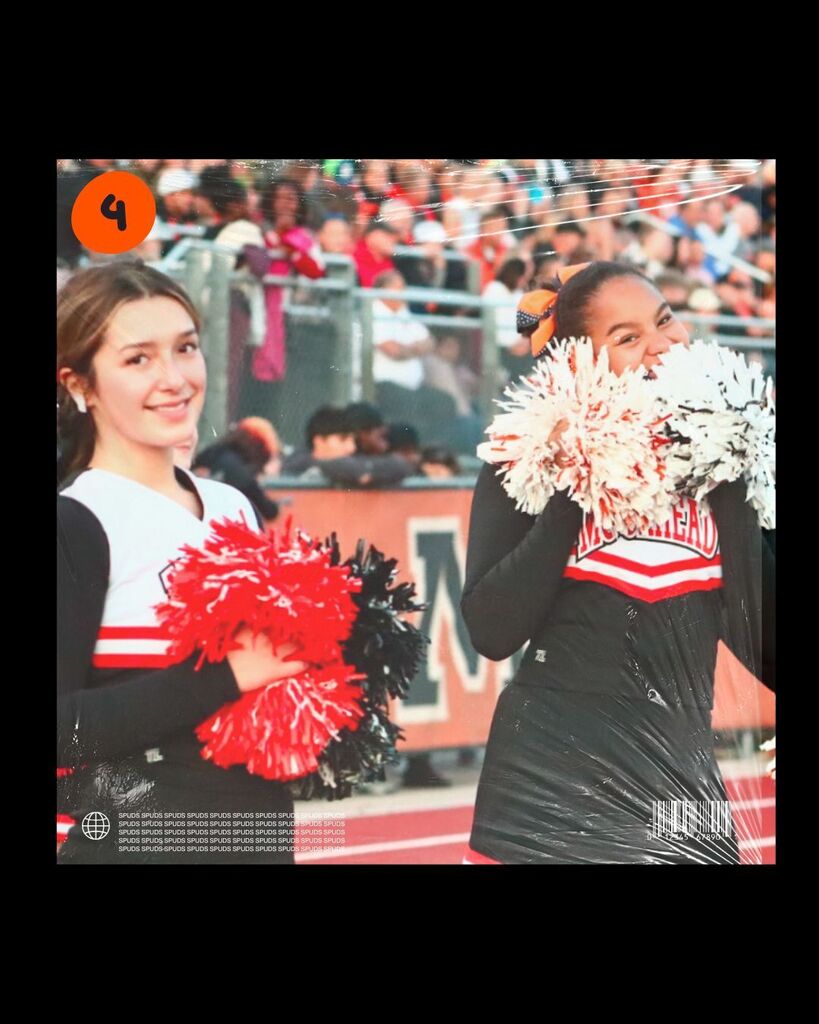 A graphic styled as a vinyl or CD cover featuring two high school cheerleaders smiling and posing with red, white, and black pom-poms on a running track. An orange circle with the number 4 is in the top-left corner.