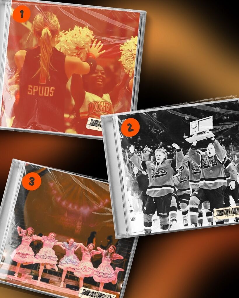 Graphic displaying three clear CD cases overlapping on a dark background, each numbered in orange circles: 1: A red-tinted photo of high school cheerleaders giving high fives. 2: A black-and-white photo of hockey players celebrating on the ice with a trophy. 3: A warm-toned photo of stage performers in pink dresses dancing in line.