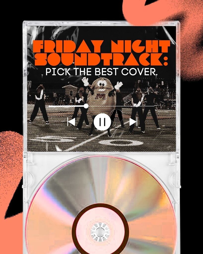 Graphic designed like a clear CD jewel case over a black and coral background. The text inside reads "FRIDAY NIGHT SOUNDTRACK: PICK THE BEST COVER" in bold orange and white typography, superimposed over a black-and-white photo of dancers and a potato mascot on a field.