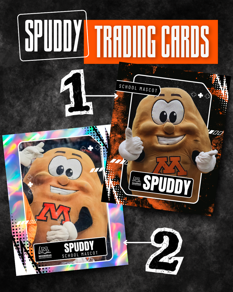 Spuddy Trading Cards. There are two options of number 1 being more orange and black theme with Spuddy the mascot in the middle and number 2 being a holographic style with spuddy in the middle as well.