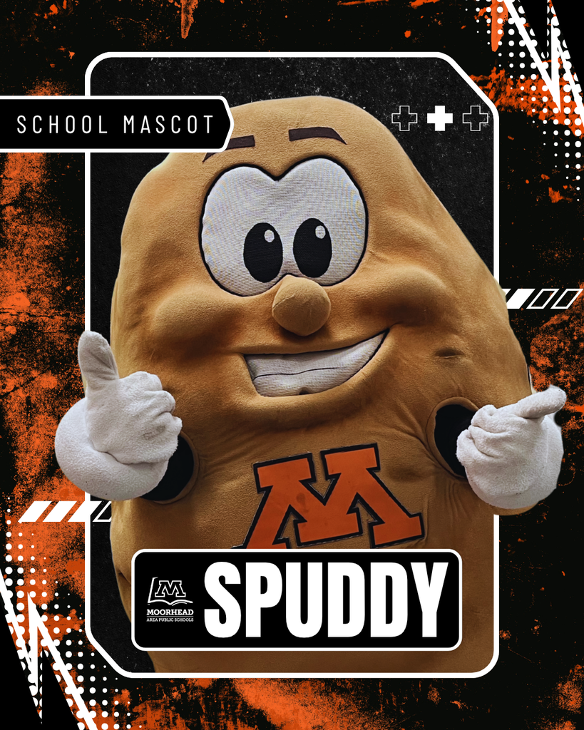 more orange and black theme with Spuddy the mascot in the middle with orange splatter on a black background