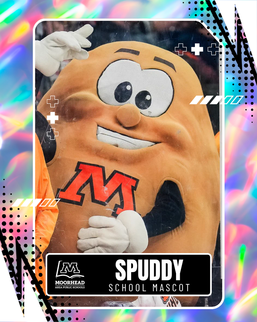 a holographic card style with spuddy in the middle with colorful style around the boarder