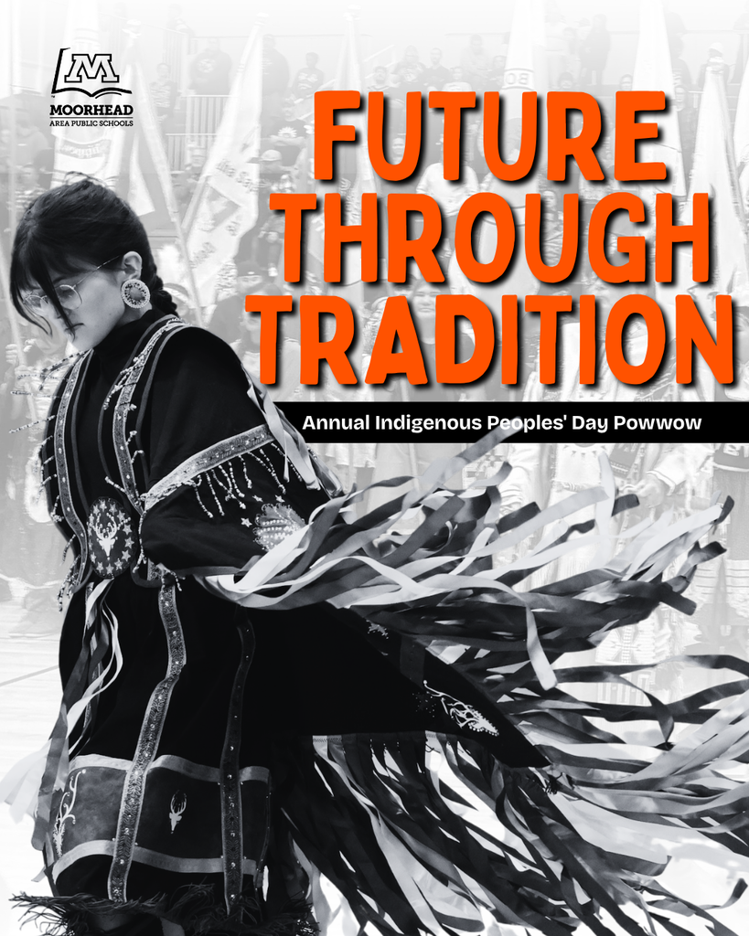 Future Through Tradition Annual Indigenous Peoples' Day Powwow with native tribal girl in black in white while dancing in ribbon dress