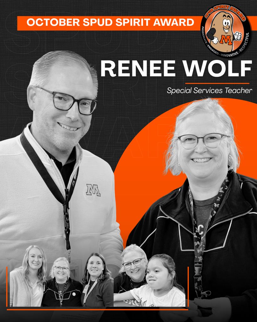 Spud Spirit Award Winner for October is Renee Wolf - Moorhead Area Public Schools Special Services Teacher standing next to Dr. Brandon Lunak with her Spud Spirit Award Pin.