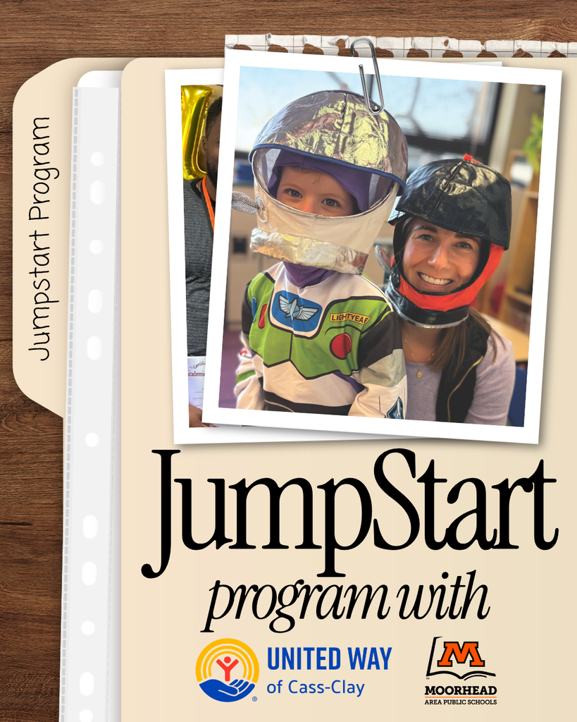 JumpStart Program with United Way Cass Clay and Moorhead Area Public Schools folder and photo of kid dressed up as an astronaut with female teacher