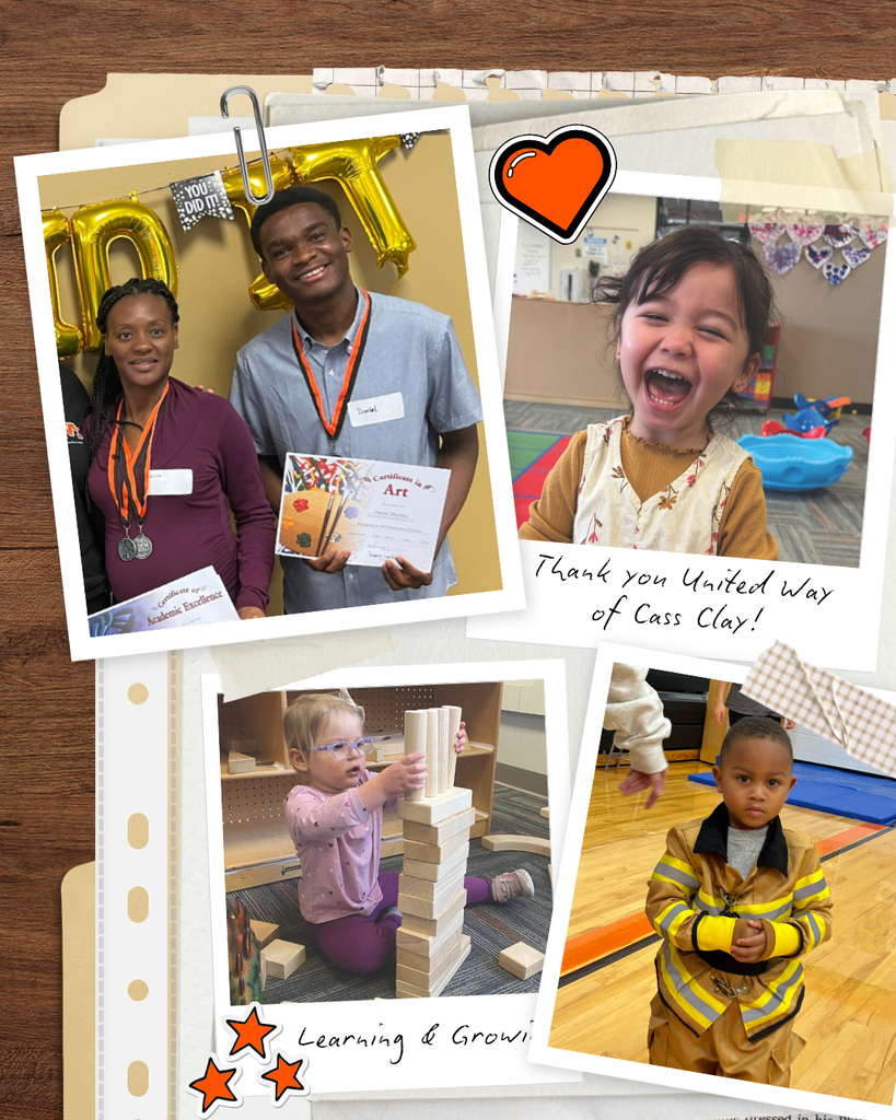 JumpStart program with four photos with people holding certificates, a little girl laughing, another girl building with wood building blocks and a little boy in a fireman outfit.