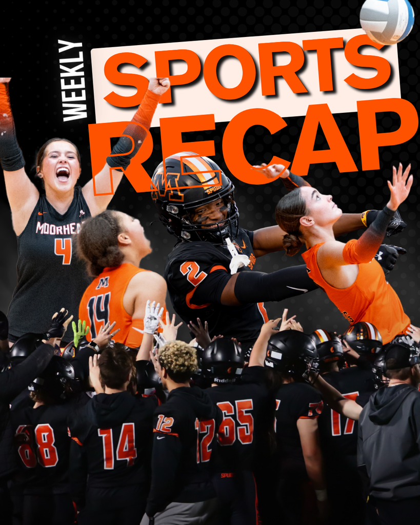 Weekly Sports Recap from October 19th through 23rd. Photo shows Volleyball players celebrating and football plays in a huddle.