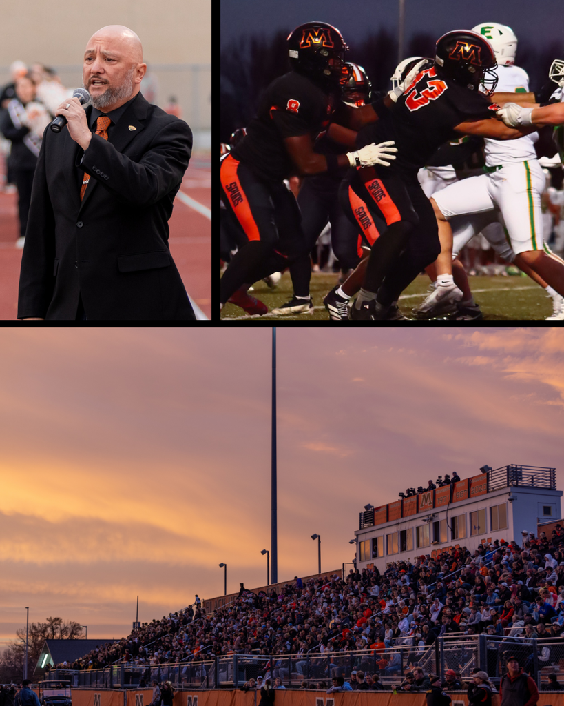 Singer and MHS class graduate of 93, John deCausemeaker singing the national anthem, another photo showing football defense, and bottom photo showing sunset skies over the moorhead crowd in the stands.