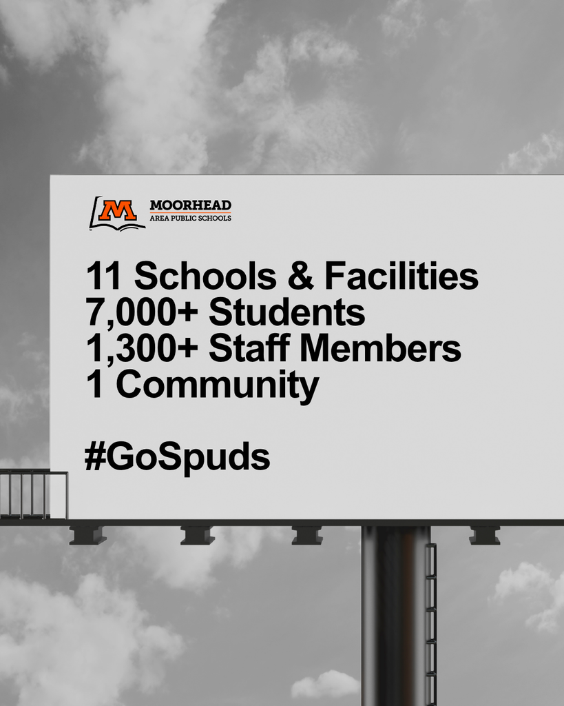 Build board with stats saying 11 schools and facilities, 7,000+ Students, 1,300+ Staff Members, 1 Community. #GoSpuds