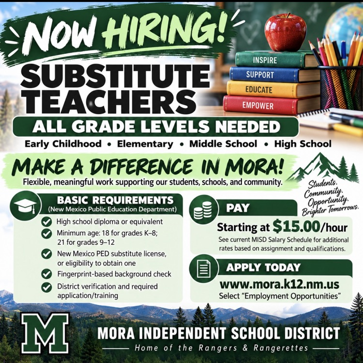 Now Hiring Substitute Teachers graphic
