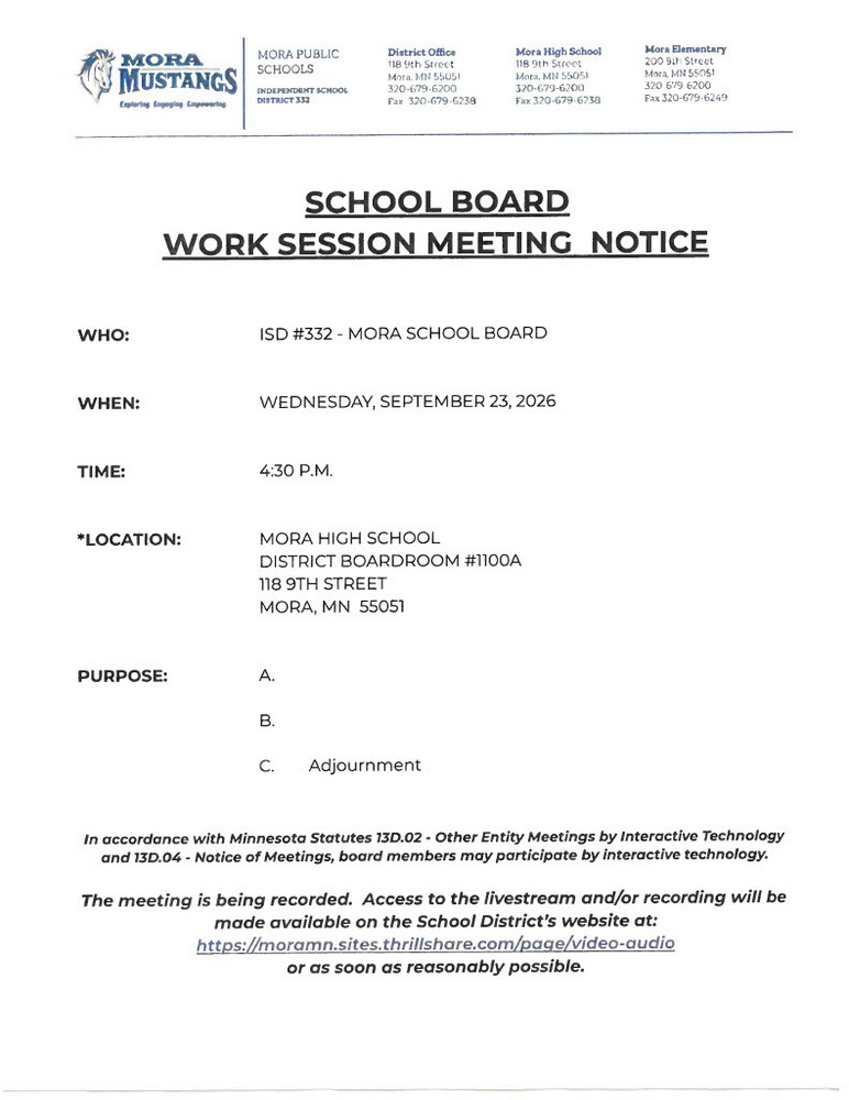 School Board Work Session Meeting Notice